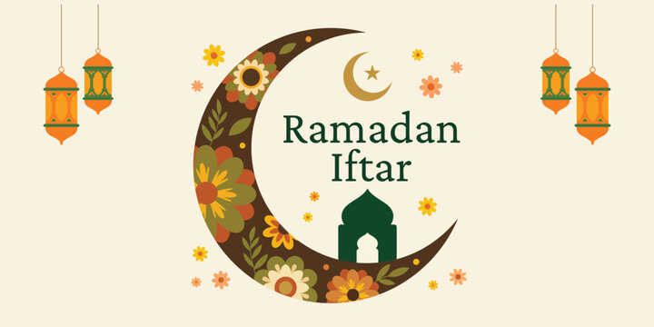 Ramadan Iftar: A graphic image for Ramadan Iftar, featuring crescent moon, lanterns, and floral elements in a warm and inviting design.