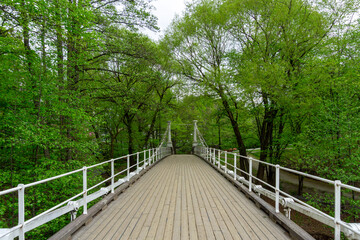 Historic Aamot Suspension Footbridge in Oslo Norway Over Akerselva River with Wooden Deck and Lush Green Trees Scenic Park Architecture