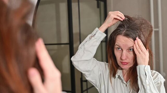Woman examining gray hair in mirror, aging awareness and haircare concern concept
