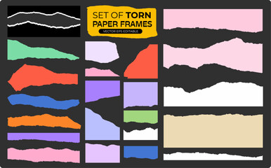 Colorful set of torn paper frames and ripped paper edges in various shapes and shades, perfect for scrapbooking, collage art, posters, social media graphics, banners, templates, and modern creative ba