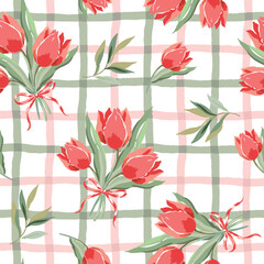 Obraz premium Pink tulip flowers bouquets, bows, green leaves, gingham background. Vector floral illustration. Seamless pattern. Spring garden nature. Botanical design