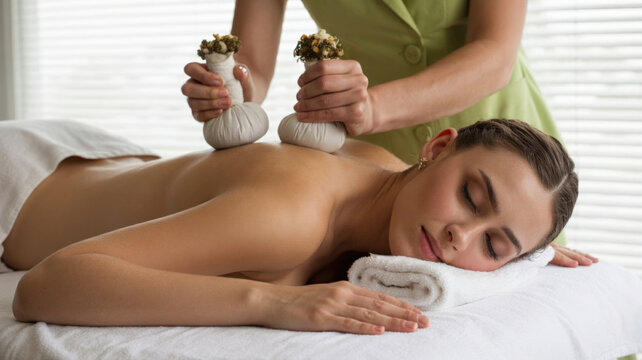 Young woman receiving traditional herbal ball massage treatment in professional wellness spa