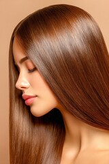 Naklejka premium Smooth brown hair shines under soft lighting in a beauty setting
