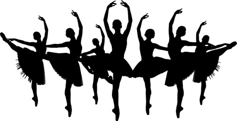seven black silhouettes of ballet dancers in various poses on white background © Pixel Verses