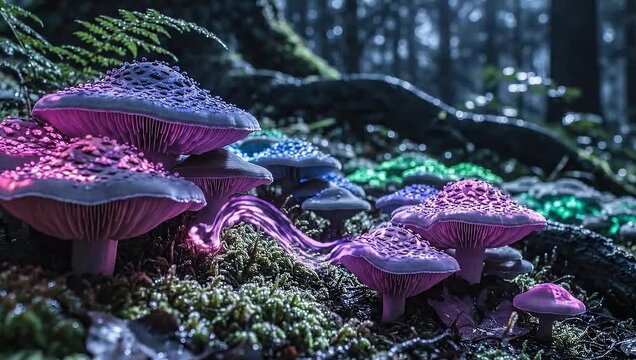 Mystical Forest Mushrooms: A cluster of vibrantly colored mushrooms emerges from the mossy forest floor, their caps glowing with an ethereal light, creating a scene of enchantment and mystery.