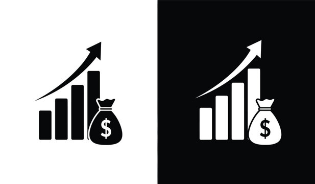 Financial growth icons with money bag and bar graph and increasing arrow