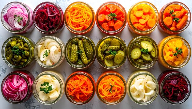 Tarros de verduras encurtidas y fermentadas organizados en filas sobre fondo claro