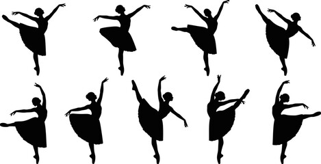 set of silhouettes of ballet dancers in different poses on white background © Pixel Verses