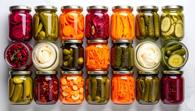 Tarros de verduras encurtidas organizados en patr&oacute;n colorido sobre fondo claro