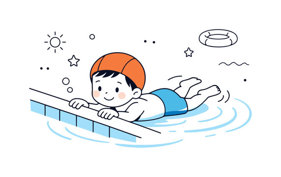 Swimming Lesson Beginnings. Kids learning to swim first steps. Child holding the pool edge while practicing floating, gentle water ripples around. Cautious