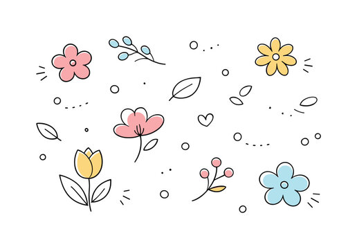 Spring Floral Harmony. Seasonal floral background spring. Abstract floral shapes and small buds floating freely with lots of white space. Fresh renewal