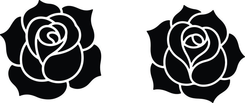 Two black rose head silhouettes with outlines, elegant floral design elements