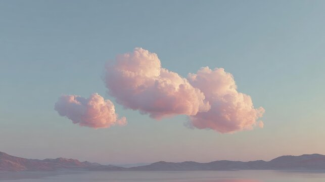 Two large, fluffy clouds floating over a vast body of water. the clouds are a soft pink color and appear to be floating in the sky.