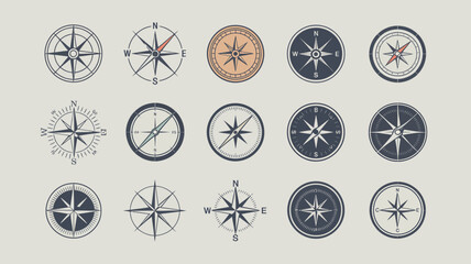 A collection of vintage compass rose illustrations are displayed against a light gray background showing various directional designs high quality professional detailed modern elegant stylish clean © DesignHub