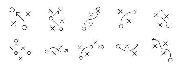 Grid of 8 sports strategy diagrams using symbolic player icons and arrows for game planning, coaching, and analysis © ISHWARAN