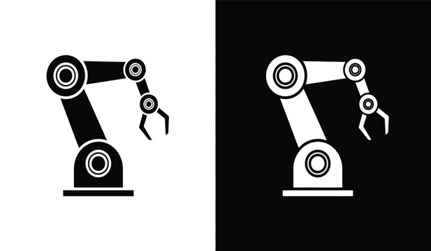 Two robotic arms in black and white on different backgrounds for industrial automation and robotics concepts