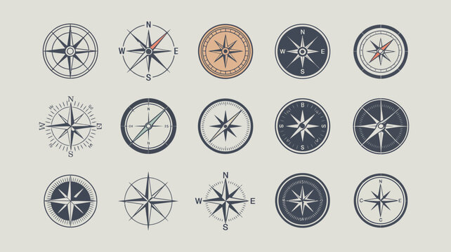 A collection of vintage compass rose illustrations are displayed against a light gray background showing various directional designs high quality professional detailed modern elegant stylish clean