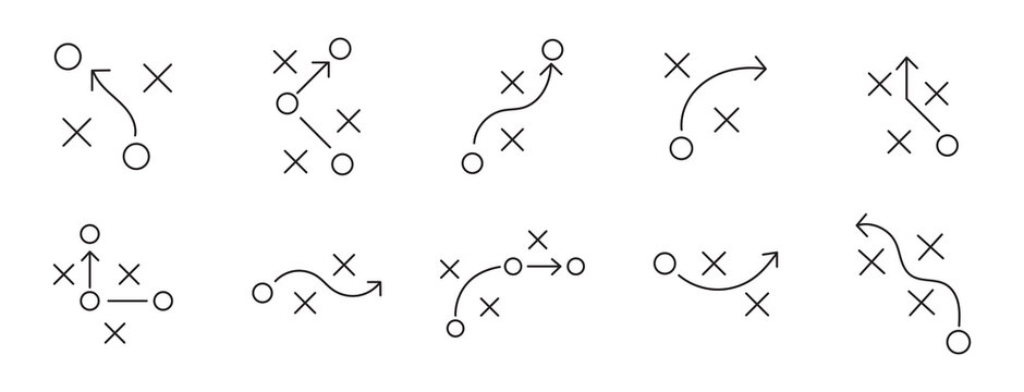 Grid of 8 sports strategy diagrams using symbolic player icons and arrows for game planning, coaching, and analysis