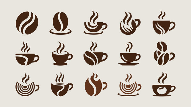 A collection of dark brown coffee bean and cup icons are displayed against a light beige background showcasing various designs high quality professional detailed modern elegant