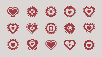 A series of red gear shaped heart icons are displayed on a pale pink background showcasing variations in design and complexity high quality professional detailed modern