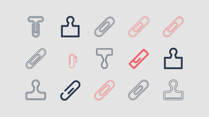 A minimalist graphic depicts various office supplies including paperclips and binder clips in shades of blue red and grey high quality professional detailed modern elegant stylish