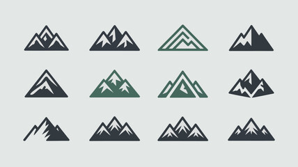 A collection of stylized mountain icons in varying colors and designs showcasing minimalist representations of peaks and ranges high quality professional detailed modern elegant stylish clean