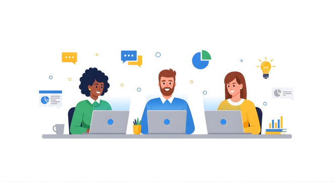 A diverse team of three people working together on laptops in a modern office setting with various data visualization icons surrounding them.