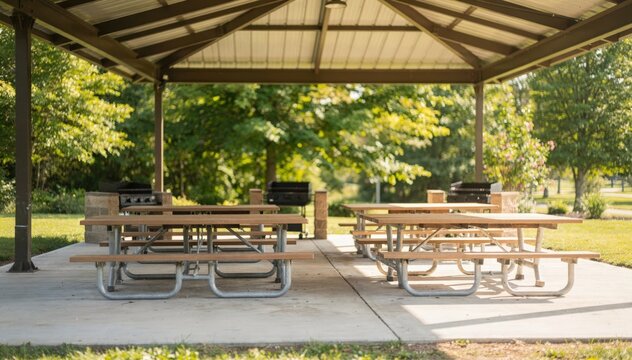 Medium shot of a sunlit picnic pavilion with empty group tables and grills showcasing a serene dayuse shelter surrounded by blurred greenery.
