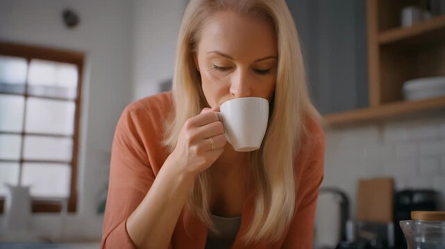 Woman cleaning a spilled coffee stain from a light wood kitchen countertop with a blue cloth.