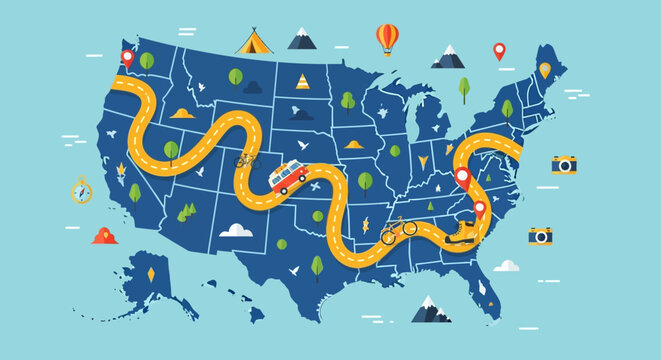 Road trip route map across the United States with various landmarks and symbols on a blue background illustration