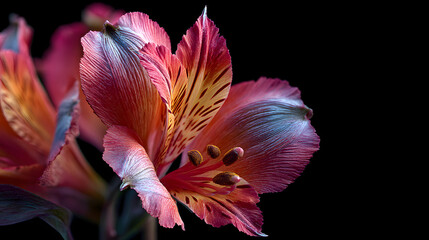 flor de estilo surrealista abstracto y colorido acercamiento de una flor sobre un fondo negro con espacio de copia textura y dise&ntilde;o