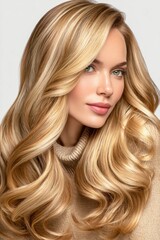 Woman with long wavy hair posing in a light sweater