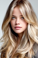 Naklejka premium Young woman with long hair and green eyes looking at camera
