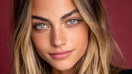 Obraz premium Young woman with light eyes and blonde hair on plain background