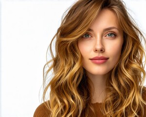 Fototapeta premium Woman with long wavy hair poses against plain background