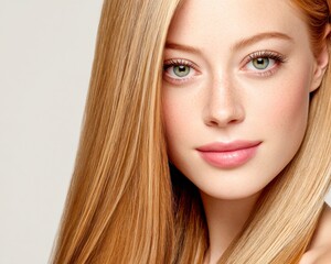 Fototapeta premium Young woman with long hair and green eyes poses for portrait