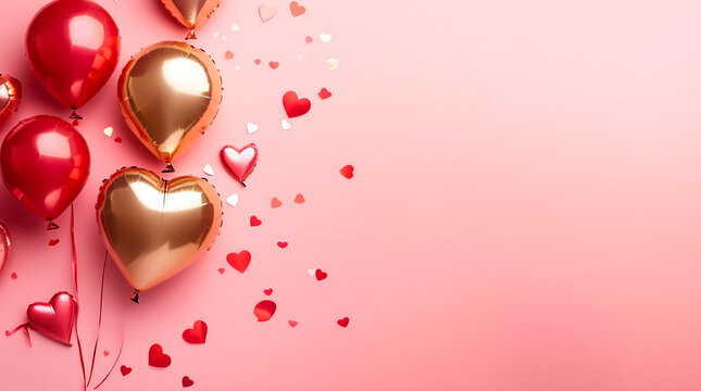 Composici&oacute;n rom&aacute;ntica minimalista con globos decorativos dorados y rojos sobre fondo rosa pastel. Estilo elegante y festivo con confeti en forma de corazones y amplio espacio para texto.