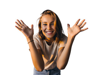 Excited Teen Raising Both Hands in Celebration Isolated on Background Representing Joy Energy and Positive Emotion Concept