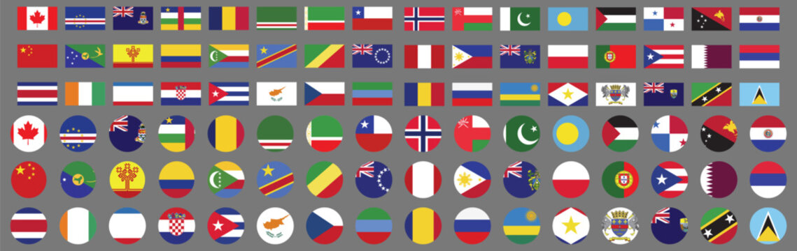 Vector illustration of various national flags in rows and circles