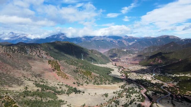 Aerial Tibet Mountain Landscape with Red Loam Soil, Lhasa Region