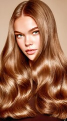 Naklejka premium Model with long hair poses for beauty shoot in studio setting