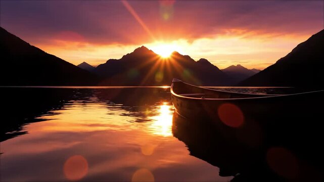4K Silhouette of Wooden Canoe on Glowing Lake at Sunset. 4K cinematic shot of a wooden canoe silhouette drifting on a glowing lake. Sunset behind mountains, lens flare, hyper-realistic 