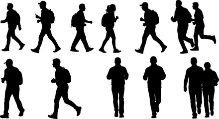 Collection of people walking and running silhouettes on white background