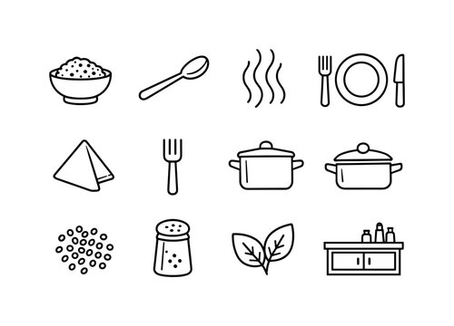 Quinoa Icon Set. Quinoa Side Dish. Line icon set of Quinoa Side Dish: small quinoa bowl, serving spoon, steam lines, plate setting, napkin, fork, cooking pot,