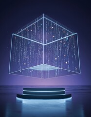 Surreal Transparent Cube Containing Falling Digital Rain Representing Data Flow, Technology Control, and Virtual Systems Concept