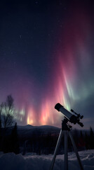 un fondo con auroras boreales coloridas y hermosas fenomenos maravillosos de la naturaleza con un telescopio para observar el cielo estrellado