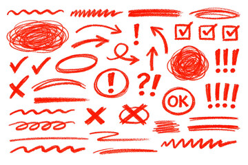 "Red Sketch Marks and Annotations Pack &mdash; Hand-Drawn Checkmarks, Crosses, Arrows, Ovals, Exclamation and Question Marks, Scribbles and Lines on White Background"