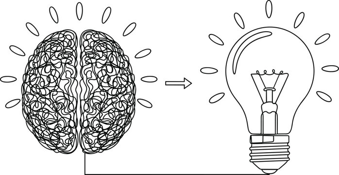 Adobe Stock Optimized Title Continuous line drawing of a human brain transforming into a glowing lightbulb symbolizing the process of turning thoughts into innovative ideas
