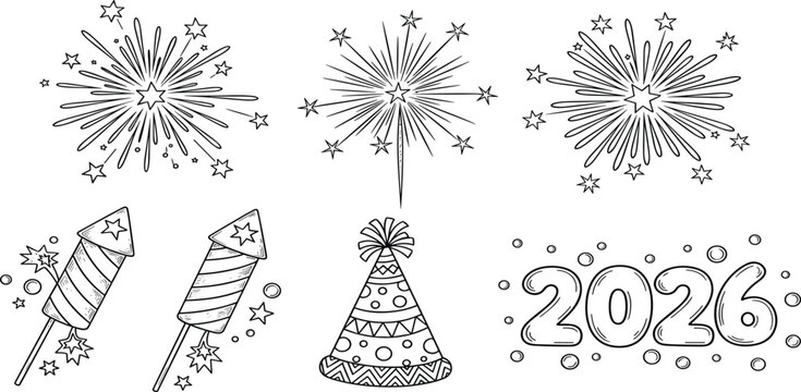 PrintAdobe Stock Optimized Title Hand drawn doodle icons for New Year 2026 celebration featuring fireworks star bursts rockets and party hats on a white background