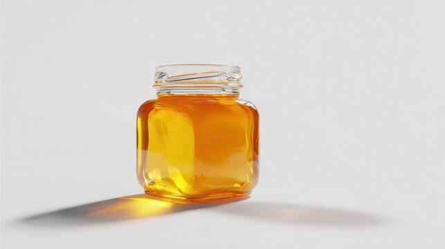 Square glass jar filled with organic golden honey isolated on white background